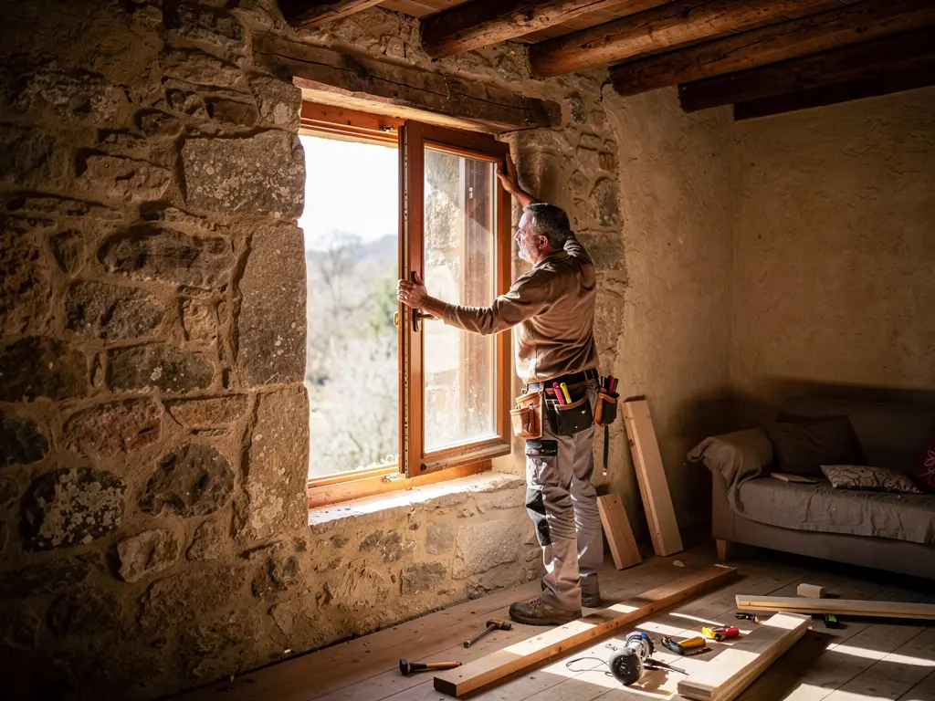Pose d'une fenêtre en bois dans une maison de caractère
